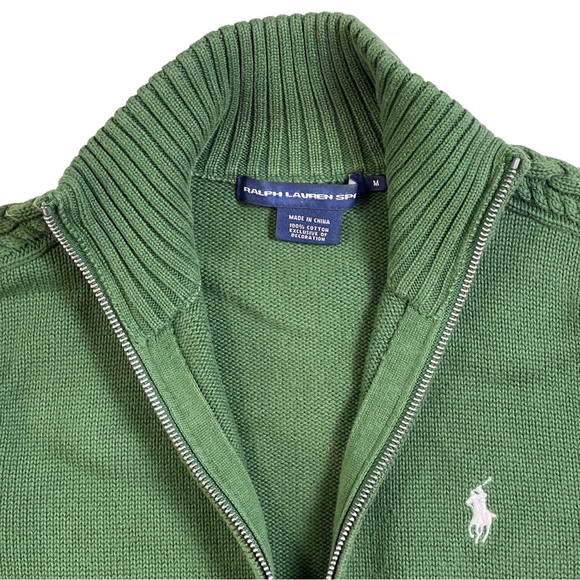 Ralph Lauren Sport Sweater Zip Up Vintage Cable Knit Cotton Green Medium - Picture 6 of 11